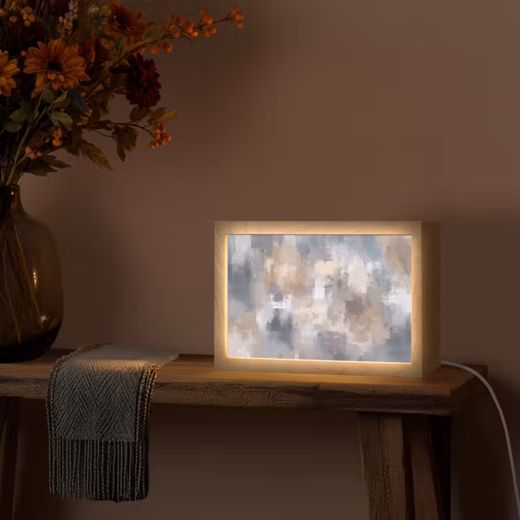 Penseelstreken - Schilderij - Beige Light Box met kabel (Tafellamp) klein -sfeer4