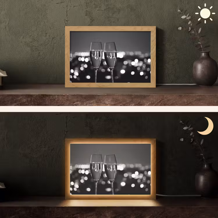 Bubbels - Proosten - Champagneglazen - Stadslichten Light Box met kabel (Tafellamp) klein -sfeer3