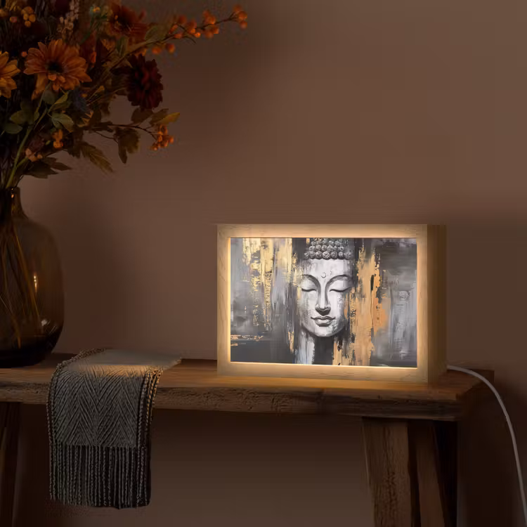 Boedhha - Penseelstreken - Goud - Abstract Light Box met kabel (Tafellamp) klein -sfeer4