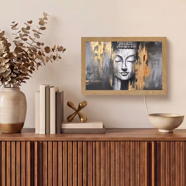 Boedhha - Penseelstreken - Goud - Abstract Light Box met kabel (Tafellamp) klein -sfeer2