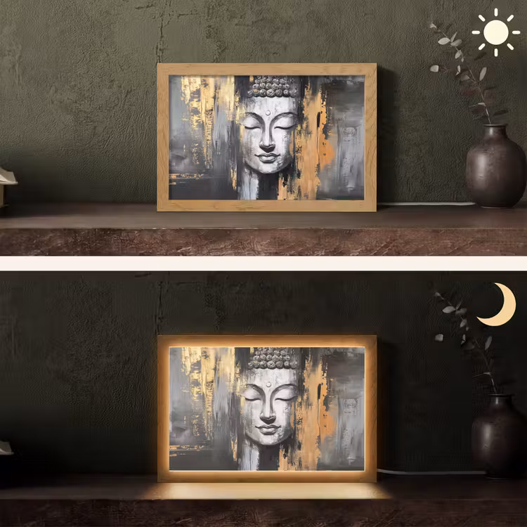 Boedhha - Penseelstreken - Goud - Abstract Light Box met kabel (Tafellamp) klein -sfeer3