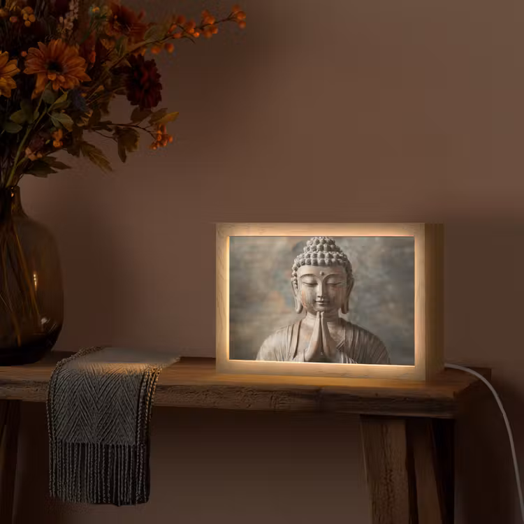 Boedha - Beeld - Bruin - Rust Light Box met kabel (Tafellamp) klein -sfeer4