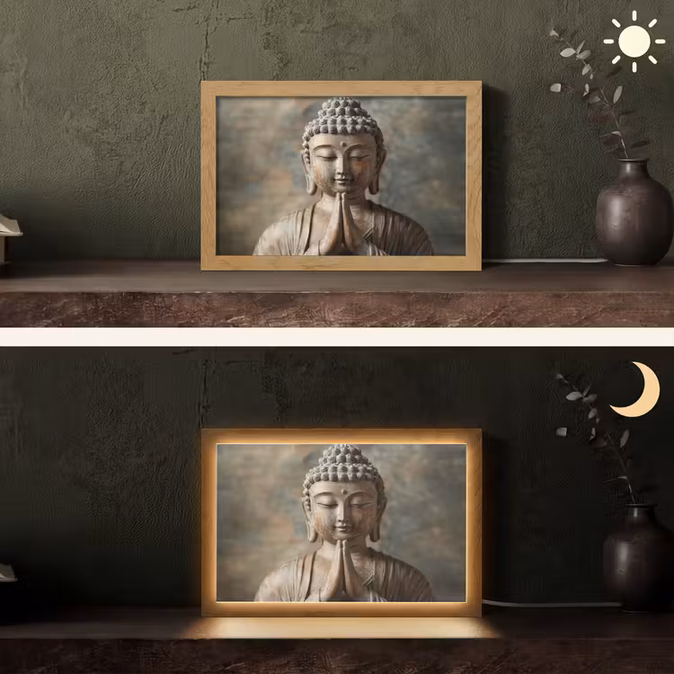 Boedha - Beeld - Bruin - Rust Light Box met kabel (Tafellamp) klein -sfeer3