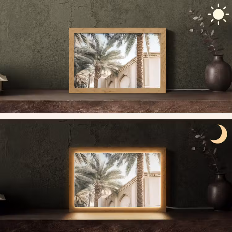 Gebouw - Palmbomen - Beige - Zon Light Box met kabel (Tafellamp) klein -sfeer3