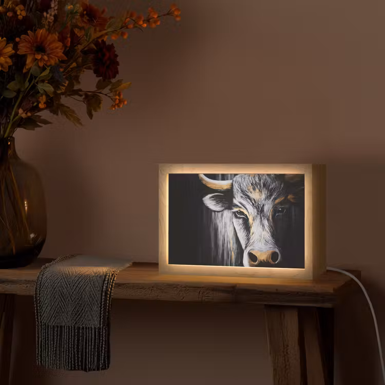 Stier - Hoorns - Snuit - Goud Light Box met kabel (Tafellamp) klein -sfeer4