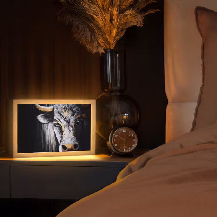 Stier - Hoorns - Snuit - Goud Light Box met kabel (Tafellamp) klein -sfeer1