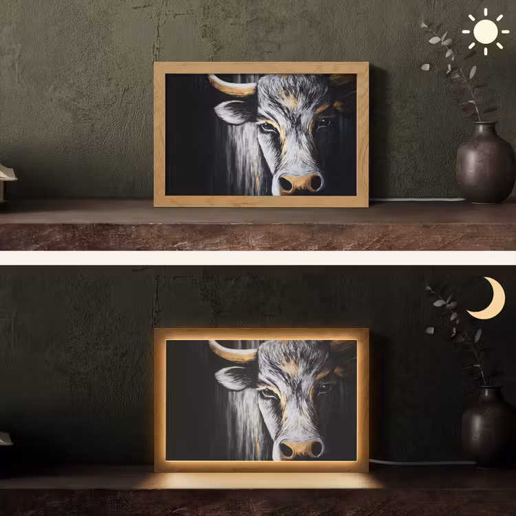 Stier - Hoorns - Snuit - Goud Light Box met kabel (Tafellamp) klein -sfeer3
