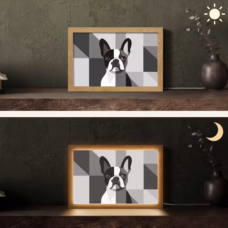 Buldog - Zwart - Abstract - Vlakken Light Box met kabel (Tafellamp) klein -sfeer3