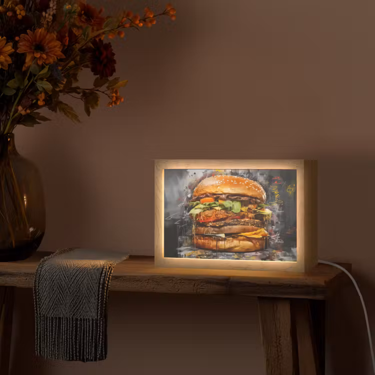 Burger - Eten - Kunst - Grijs - Graffiti Light Box met kabel (Tafellamp) klein -sfeer4