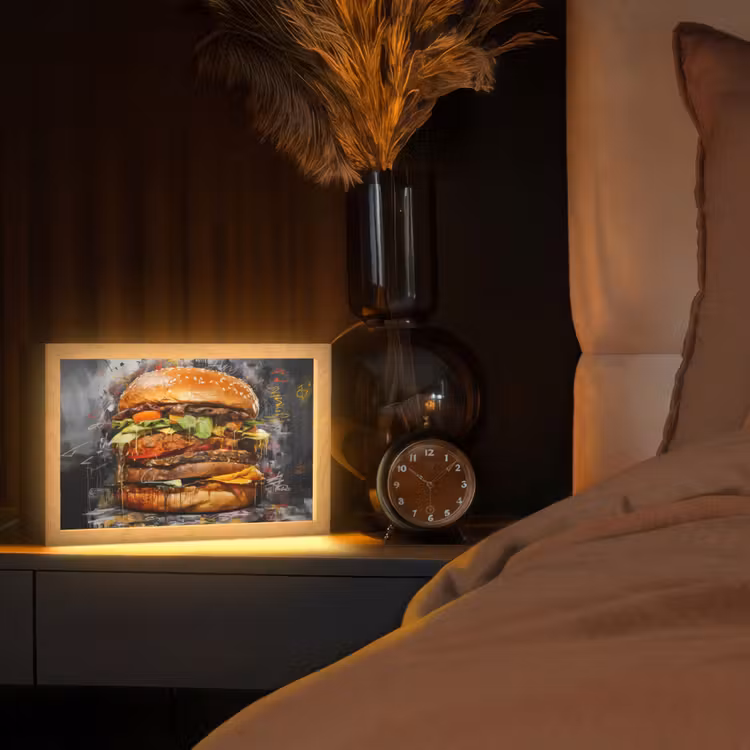 Burger - Eten - Kunst - Grijs - Graffiti Light Box met kabel (Tafellamp) klein -sfeer1