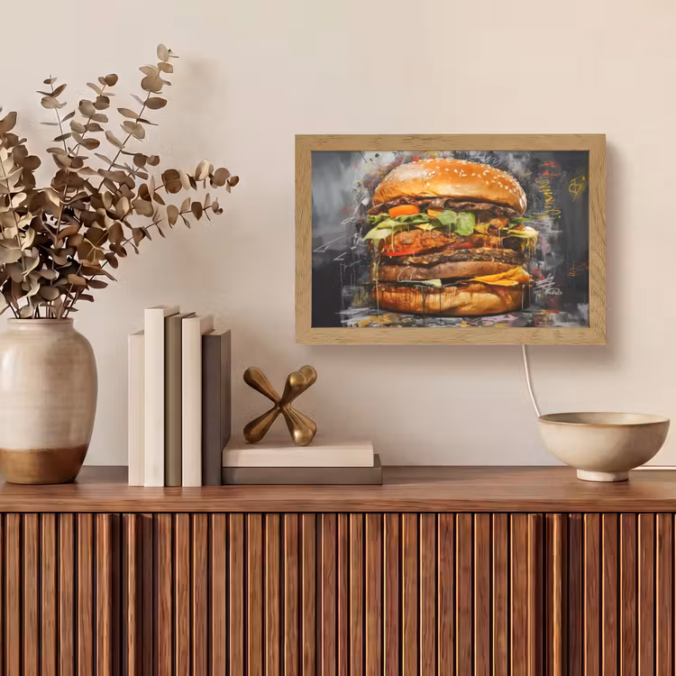 Burger - Eten - Kunst - Grijs - Graffiti Light Box met kabel (Tafellamp) klein -sfeer2