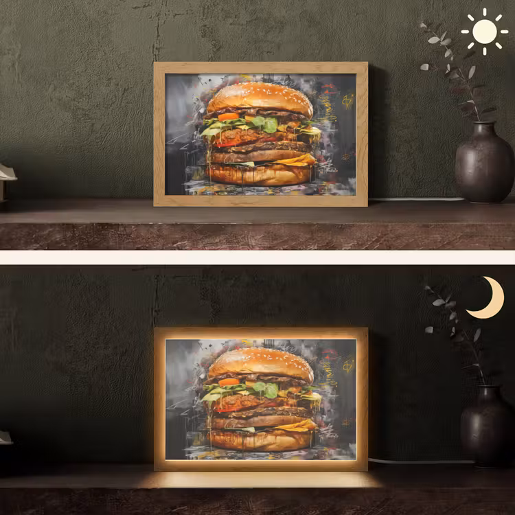 Burger - Eten - Kunst - Grijs - Graffiti Light Box met kabel (Tafellamp) klein -sfeer3