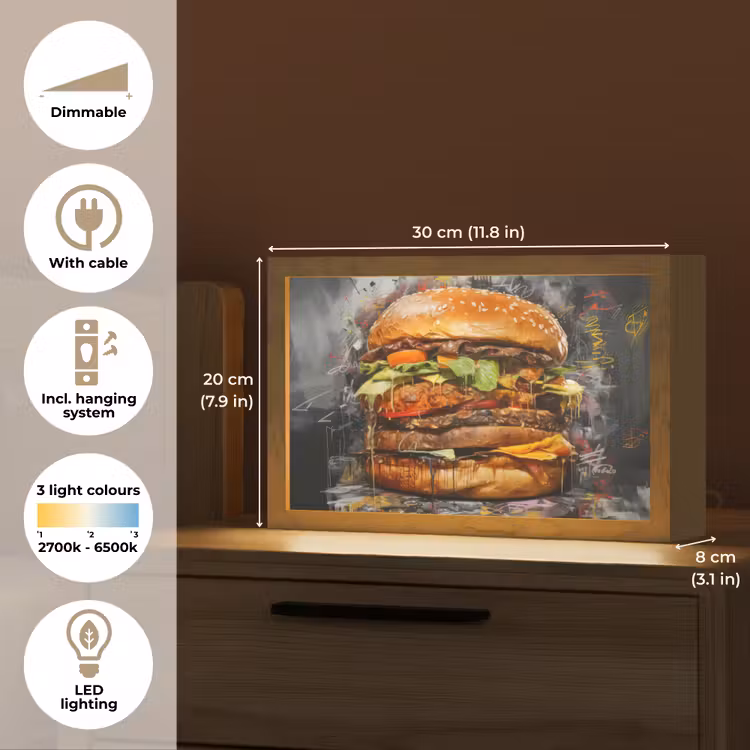 Burger - Eten - Kunst - Grijs - Graffiti Light Box met kabel (Tafellamp) klein -USP_EN