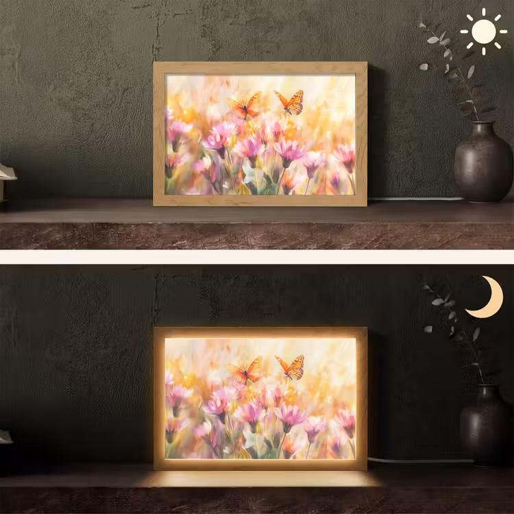 Vlinders - Oranje - Bloemen Light Box met kabel (Tafellamp) klein -sfeer3