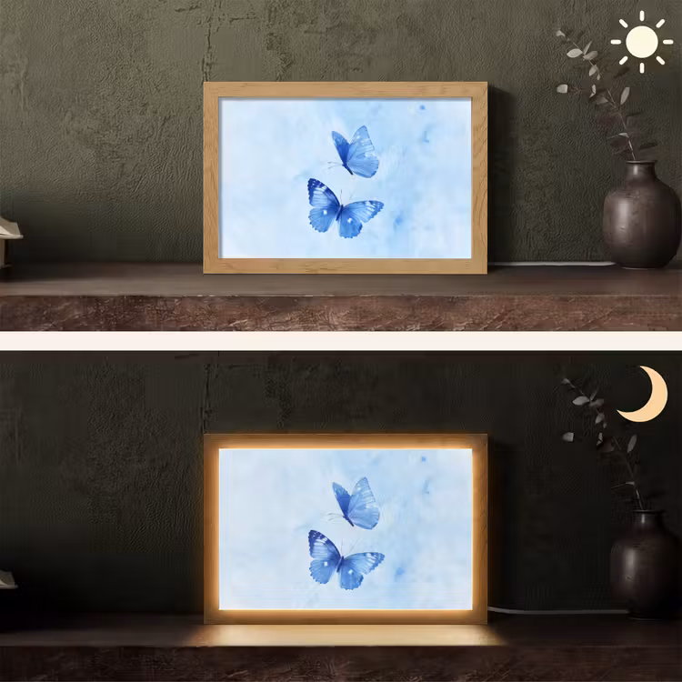 Vlinders - Sierlijk - Blauw Light Box met kabel (Tafellamp) klein -sfeer3