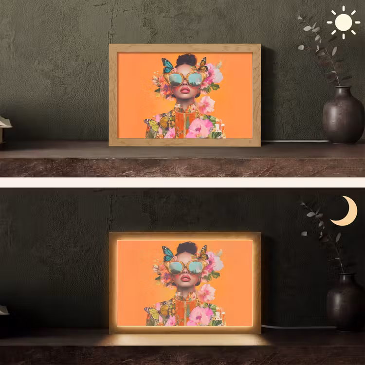 Vlinders - Vrouw - Zonnebril - Kleurrijk Light Box met kabel (Tafellamp) klein -sfeer3