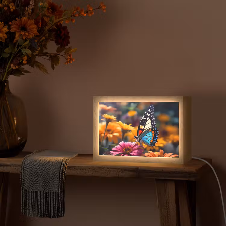 Vlinder - Dier - Kleurrijk - Bloemen - Natuur Light Box met kabel (Tafellamp) klein -sfeer4