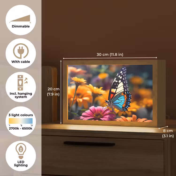 Vlinder - Dier - Kleurrijk - Bloemen - Natuur Light Box met kabel (Tafellamp) klein -USP_EN
