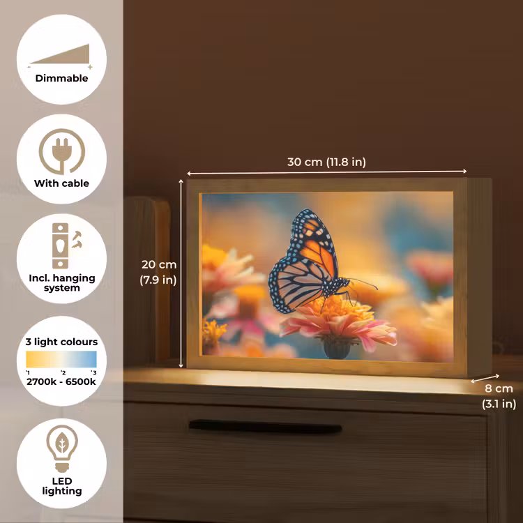 Vlinder - Dieren - Kleurrijk - Natuur - Bloemen Light Box met kabel (Tafellamp) klein -USP_EN