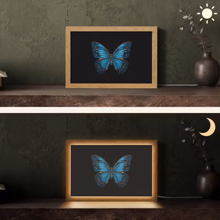 Vlinder - Blauw - Contrast Light Box met kabel (Tafellamp) klein -sfeer3