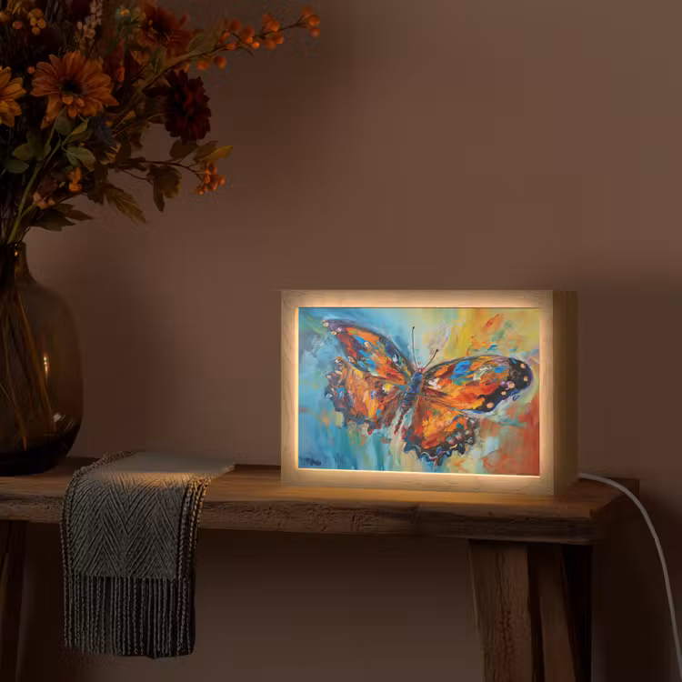 Vlinder - Kleuren - Kunst - Schilderij Light Box met kabel (Tafellamp) klein -sfeer4
