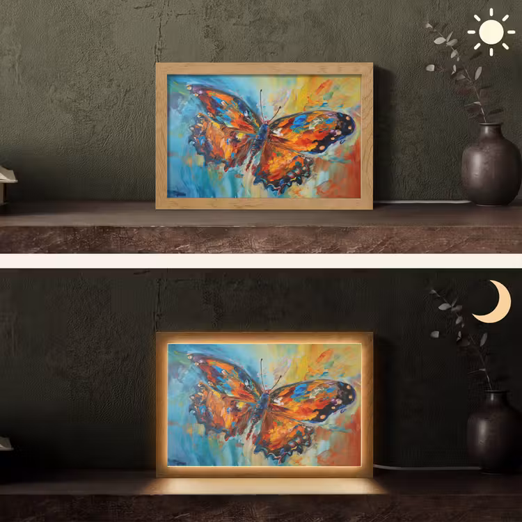 Vlinder - Kleuren - Kunst - Schilderij Light Box met kabel (Tafellamp) klein -sfeer3