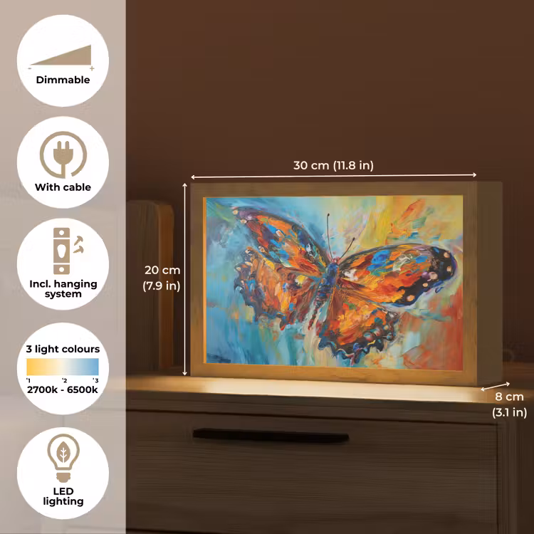 Vlinder - Kleuren - Kunst - Schilderij Light Box met kabel (Tafellamp) klein -USP_EN