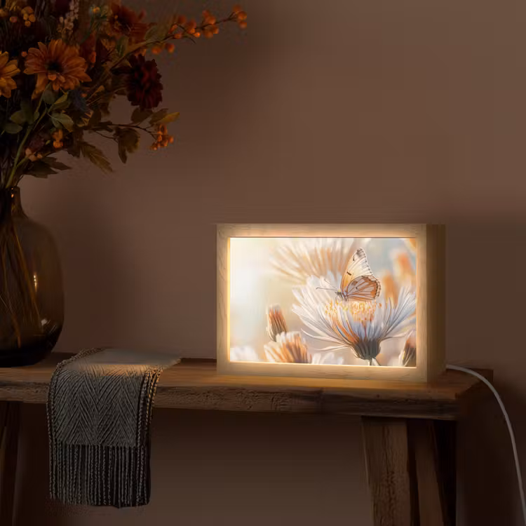 Vlinder - Bloem - Oranje Light Box met kabel (Tafellamp) klein -sfeer4