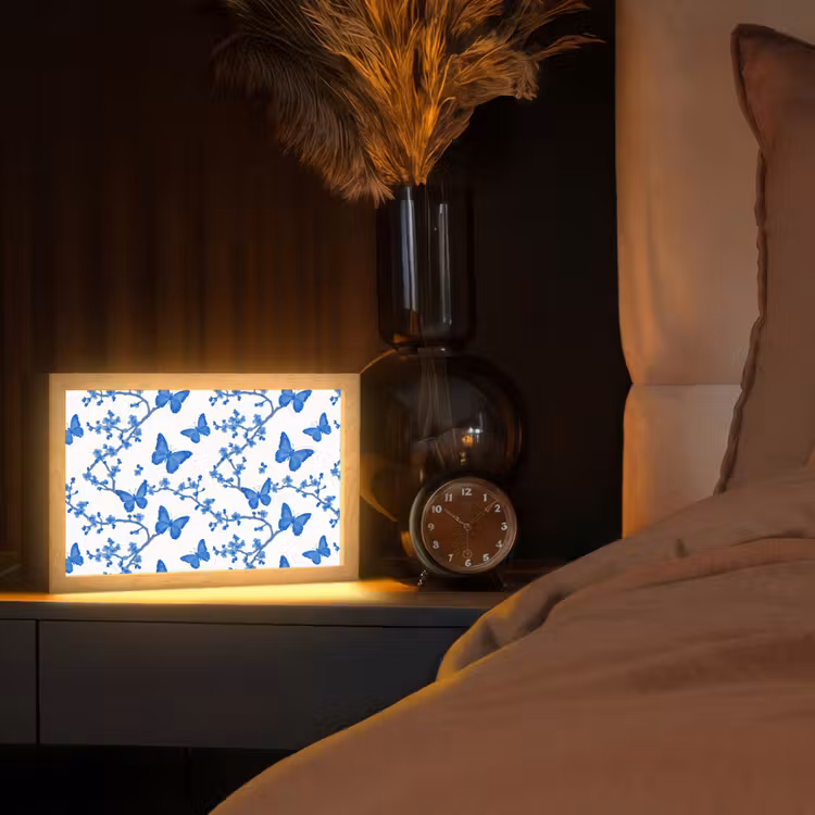 Vlinder - Bloemen - Blauw Light Box met kabel (Tafellamp) klein 924 -sfeer1