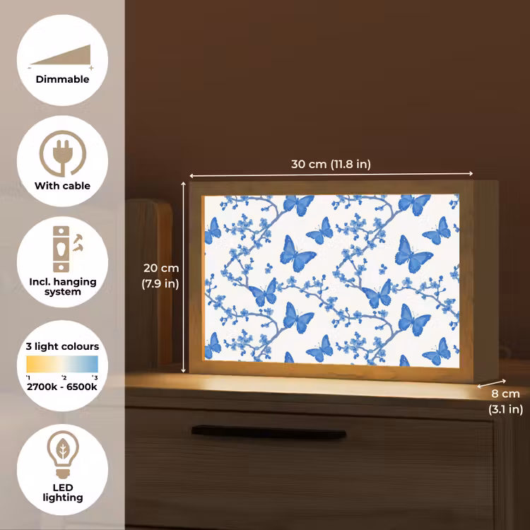 Vlinder - Bloemen - Blauw Light Box met kabel (Tafellamp) klein 924 -USP_EN