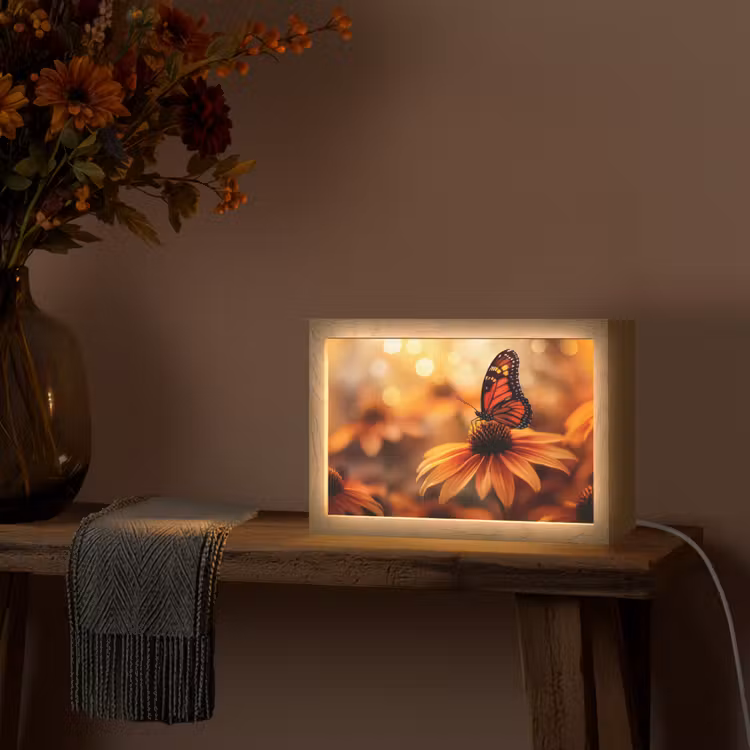 Vlinder - Bloemen - Oranje Light Box met kabel (Tafellamp) klein -sfeer4