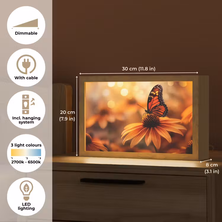 Vlinder - Bloemen - Oranje Light Box met kabel (Tafellamp) klein -USP_EN