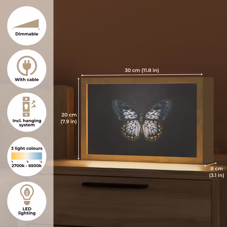 Vlinder - Monochroom - Balans Light Box met kabel (Tafellamp) klein -USP_EN