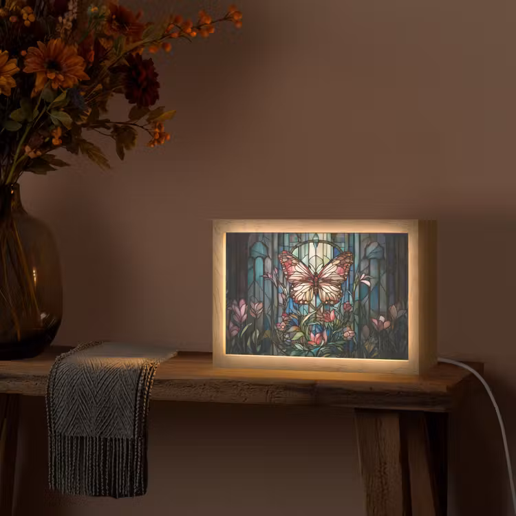 Vlinder - Roze - Bloemen - Bladeren Light Box met kabel (Tafellamp) klein -sfeer4