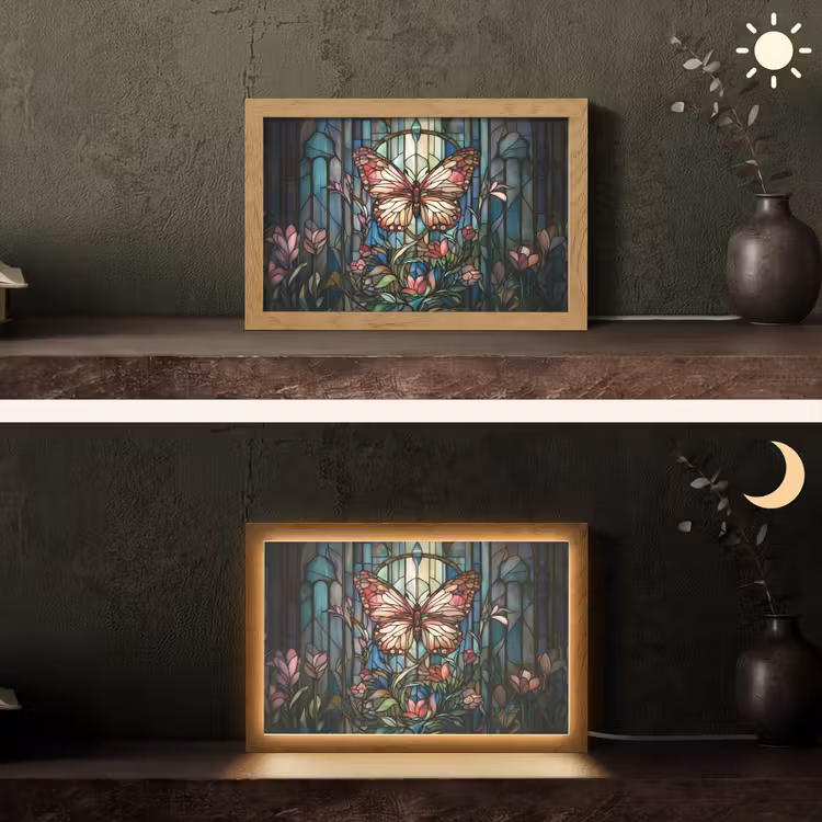 Vlinder - Roze - Bloemen - Bladeren Light Box met kabel (Tafellamp) klein -sfeer3