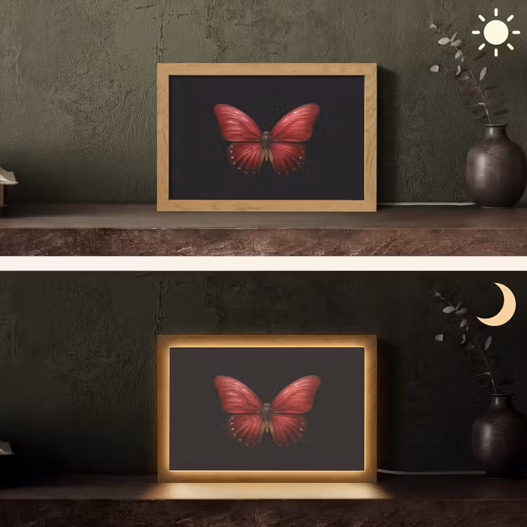 Vlinder - Rood - Minimalistisch Light Box met kabel (Tafellamp) klein -sfeer3