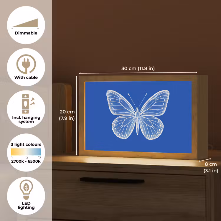 Vlinder - Wit - Getekend - Stippen Light Box met kabel (Tafellamp) klein -USP_EN