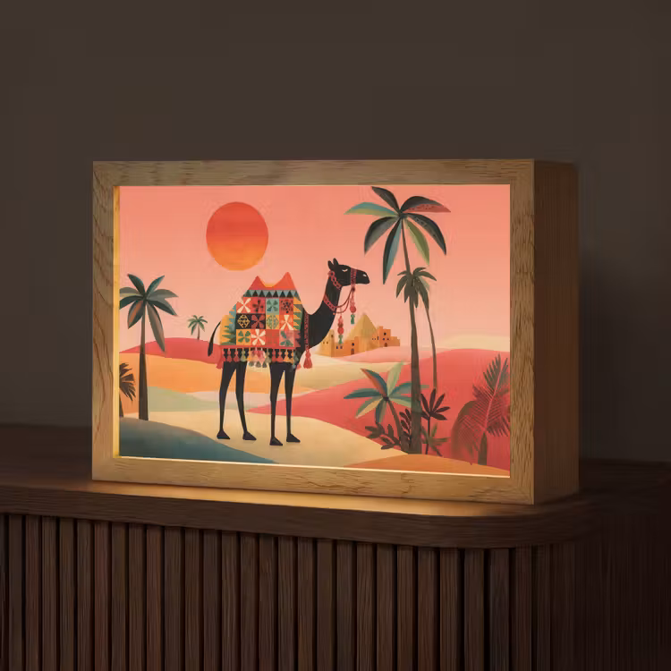 Kameel - Gekleurd tapijt - Duinen - Rode zon Light Box met kabel (Tafellamp) klein -z3d_website