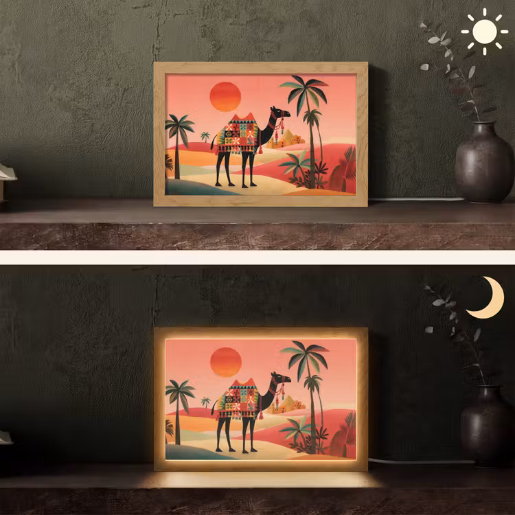 Kameel - Gekleurd tapijt - Duinen - Rode zon Light Box met kabel (Tafellamp) klein -sfeer3