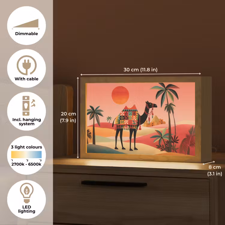Kameel - Gekleurd tapijt - Duinen - Rode zon Light Box met kabel (Tafellamp) klein -USP_EN