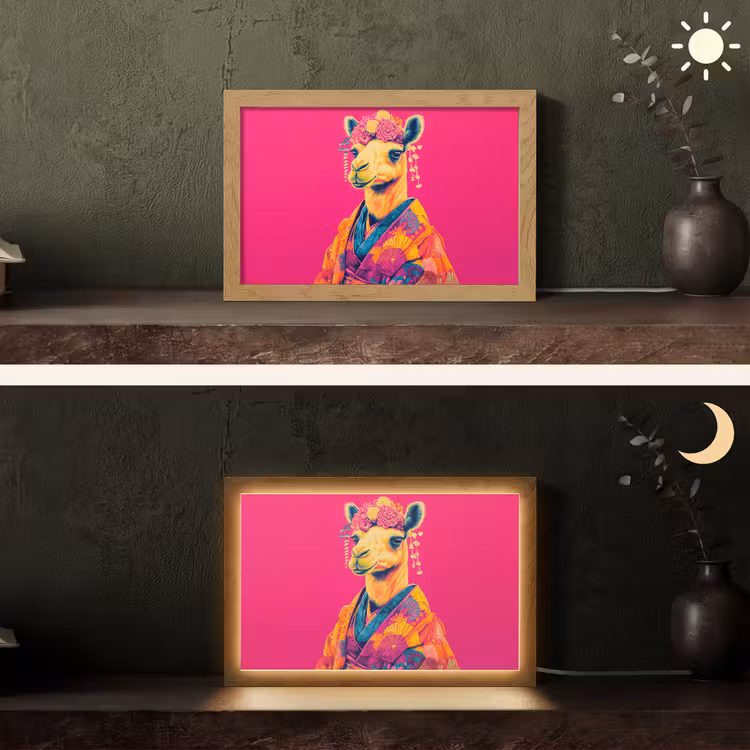 Kameel - Bloemen - Kimono - Waaiers Light Box met kabel (Tafellamp) klein -sfeer3