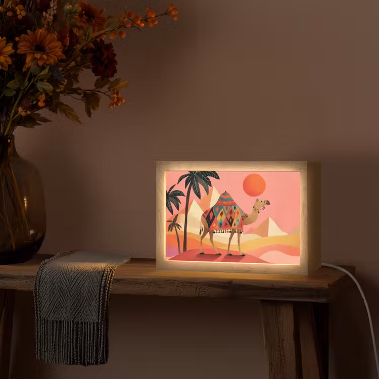 Kameel - Pyramides - Rode zon Light Box met kabel (Tafellamp) klein -sfeer4