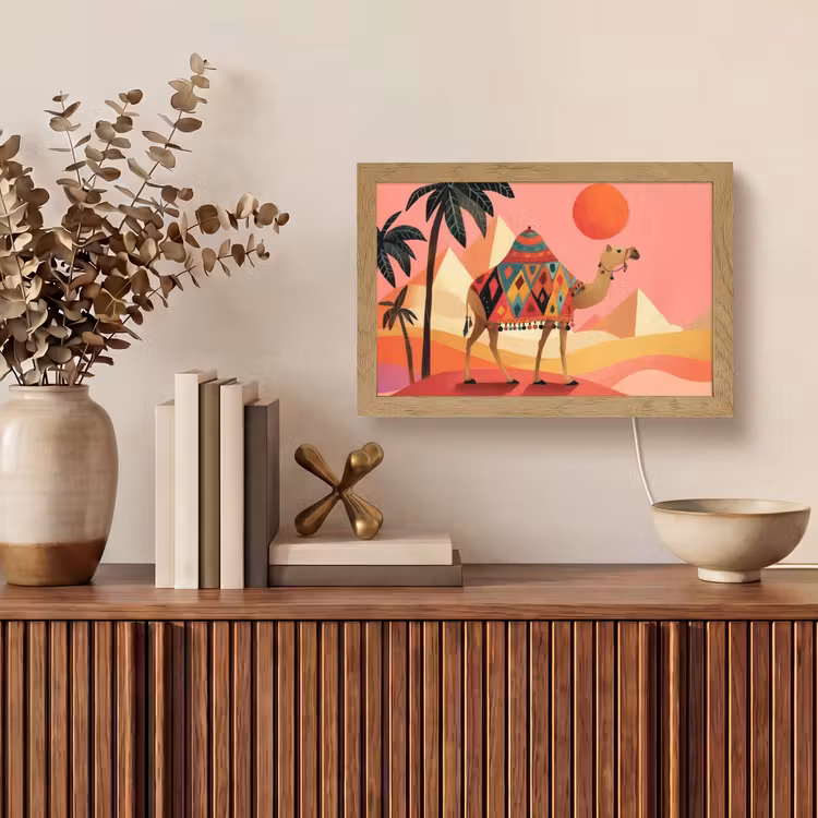 Kameel - Pyramides - Rode zon Light Box met kabel (Tafellamp) klein -sfeer2