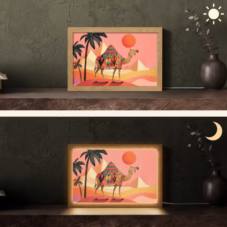 Kameel - Pyramides - Rode zon Light Box met kabel (Tafellamp) klein -sfeer3
