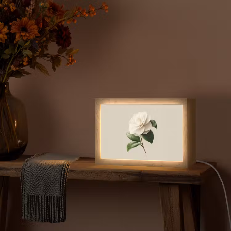 Cameliabloem - Wit - Groen Light Box met kabel (Tafellamp) klein -sfeer4