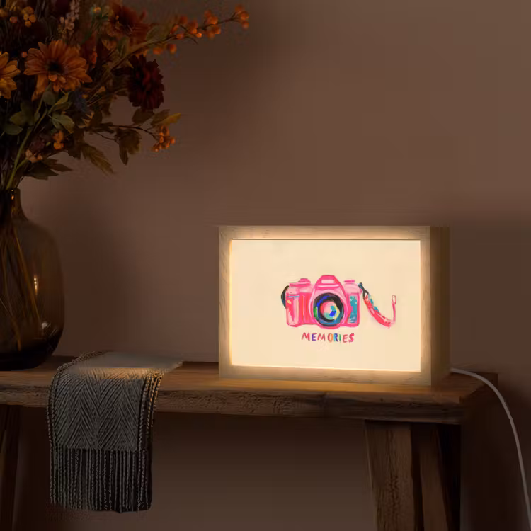 Camera - Memories - Roze - Geschilderd Light Box met kabel (Tafellamp) klein -sfeer4