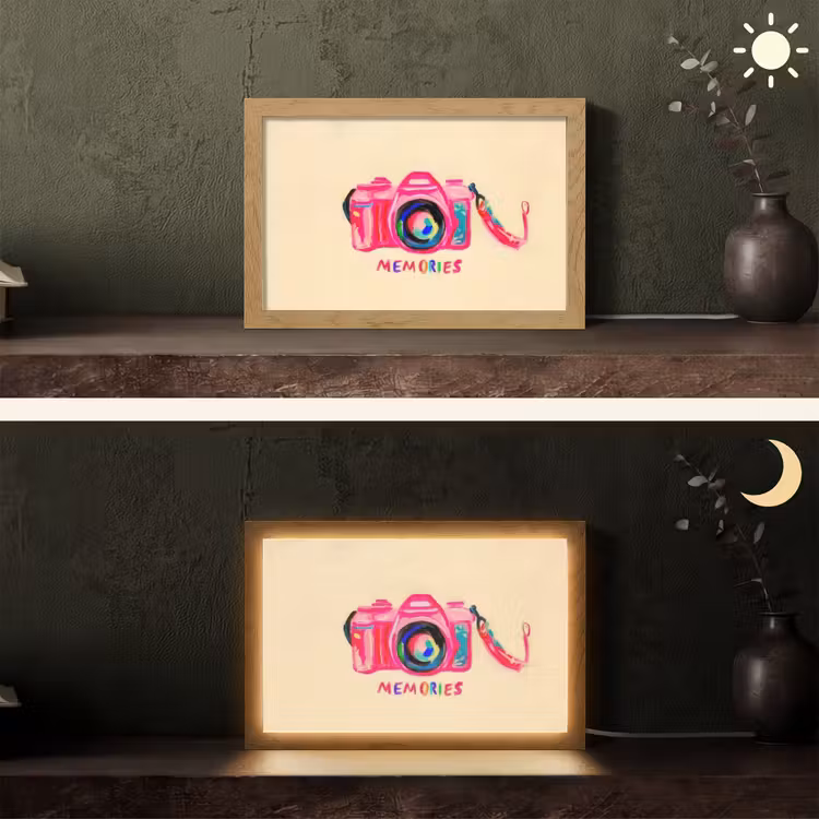 Camera - Memories - Roze - Geschilderd Light Box met kabel (Tafellamp) klein -sfeer3