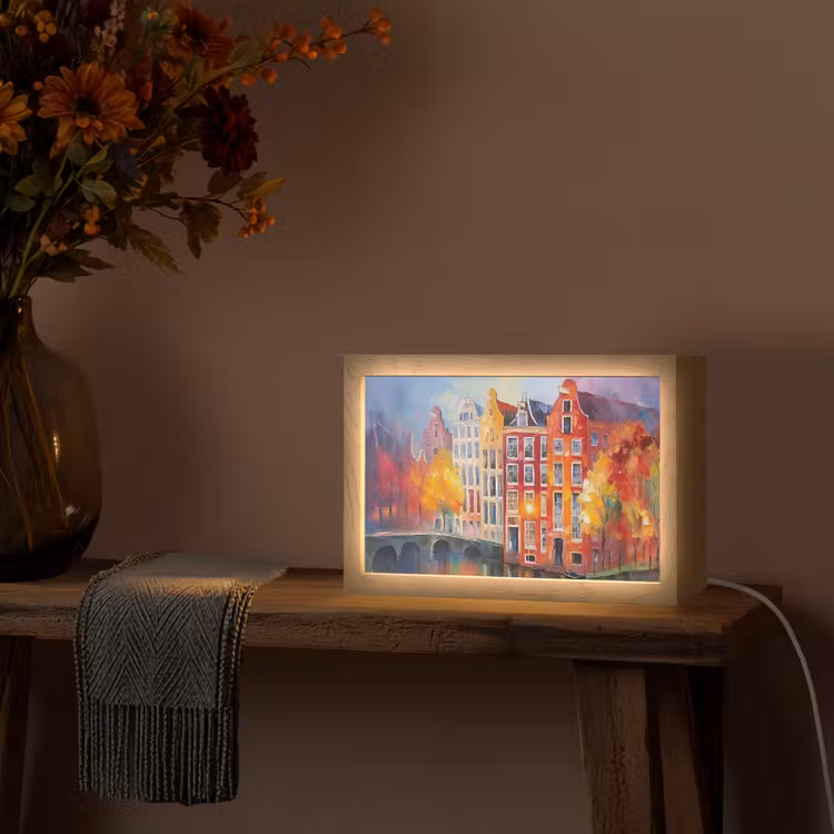 Grachtenpanden - Kunst - Schilderij - Amsterdam Light Box met kabel (Tafellamp) klein -sfeer4
