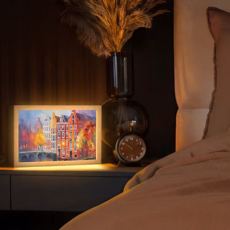 Grachtenpanden - Kunst - Schilderij - Amsterdam Light Box met kabel (Tafellamp) klein -sfeer1