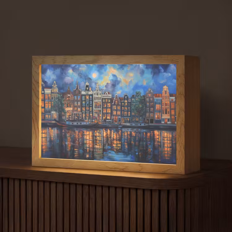 Grachten Amsterdam - Huizen - Stad - Kleurrijk Light Box met kabel (Tafellamp) klein -z3d_website